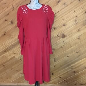 SHEIN Red Long Sleeve Dress with Pearl Details